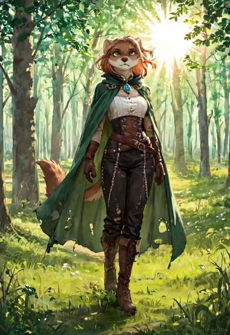 score_9, score_8_up, score_7_up, score_6_up, solo, stoat, beige fur, freckles, fantasy clothes, green clothes, blond hair, green cape, female, forest background, lush field background, field, sun, weasel, green eyes, fullbody, bright hair, leather gloves, leather boots, torn black pants, green half-skirt, olive branch tiara, sun brooch