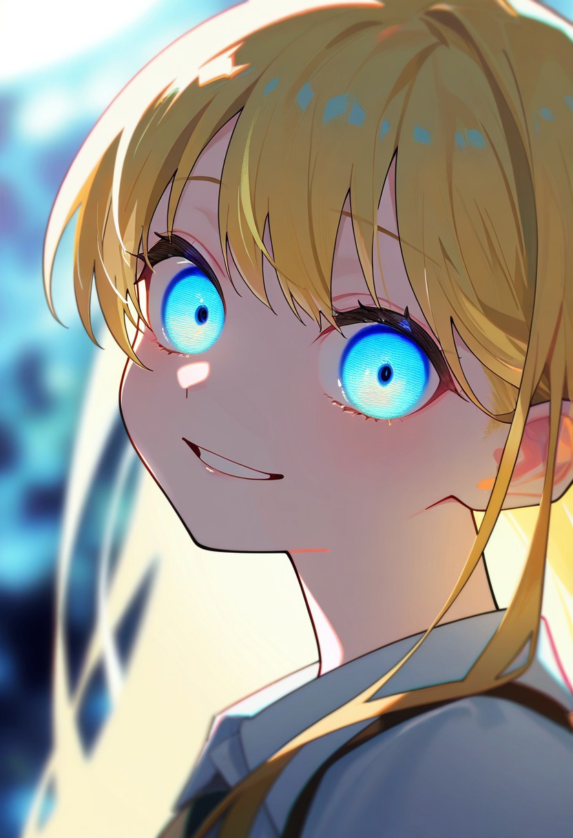 masterpiece, best quality, very aesthetic, high resolution, ultra-detailed, absurdres, newest, extremely detailed eyes, beautiful, perfect lighting, hi res, amazing quality, very awa, jui_sio, 1girl, solo, blonde hair, blue eyes, long hair, smile, looking at viewer, bangs, portrait, blurry, parted lips, upper body, blurry background, grin, glowing