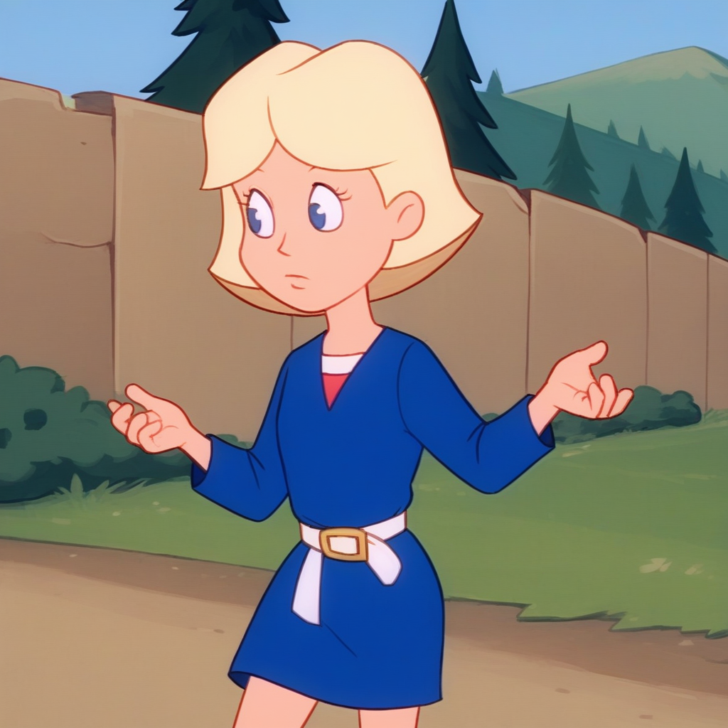 score_8_up, BREAK,  JillSmith, 1girl, solo, short hair, blonde hair, blue eyes, blue dress, long sleeves, white belt,   <lora:JillSmith_MPM_PXL_Leaf1:0.8>, cowboy shot, outdoors,