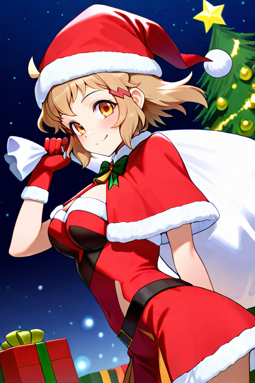 masterpiece, High quality, Ultra detailed, 2d, newest, absurdres, highres, BREAK
1girl, solo, <lora:tachibana_hibiki_Gear_Inner_Ver:0.8>, tachibana_hibiki, short hair, brown hair, ahoge, hairclips, orange eyes, 
medium breasts, hibikiNd, 
santa costume, santa hat, christmas, sack, merry christmas, gift, fur-trimmed headwear, holding sack, santa dress, fur-trimmed dress, christmas tree, christmas tree, fur trim, red capelet, gift box, red gloves, fur-trimmed capelet, santa gloves, red hat, hat, smile,
