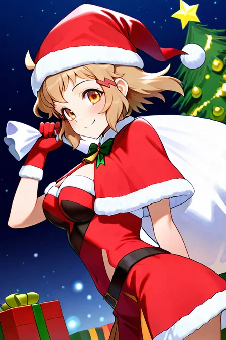 masterpiece, High quality, Ultra detailed, 2d, newest, absurdres, highres, BREAK
1girl, solo, <lora:tachibana_hibiki_Gear_Inner_Ver:0.8>, tachibana_hibiki, short hair, brown hair, ahoge, hairclips, orange eyes, 
medium breasts, hibikiNd, 
santa costume, santa hat, christmas, sack, merry christmas, gift, fur-trimmed headwear, holding sack, santa dress, fur-trimmed dress, christmas tree, christmas tree, fur trim, red capelet, gift box, red gloves, fur-trimmed capelet, santa gloves, red hat, hat, smile,