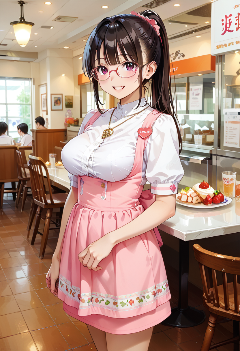 score_9, score_8_up, score_7_up, rating_safe, masterpiece, best quality, absurdres, unity 8k wallpaper, official art, official style, source_anime, uncensored, game cg, megami magazine,
AMSC, 1girl, glasses, waitress, solo, jewelry, pink apron, ponytail, pink skirt, fruit, shirt, skirt, standing, short sleeves, necklace, large breasts, happy, smile, looking at viewer, 
food, table, indoors, cafe, photo background, restaurant,
 <lora:AMSC_PONY_V1:0.8>