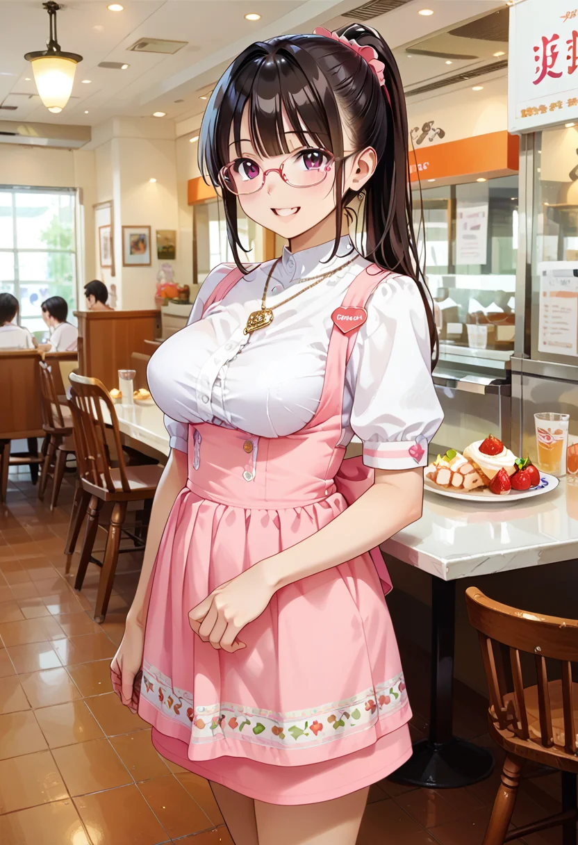 score_9, score_8_up, score_7_up, rating_safe, masterpiece, best quality, absurdres, unity 8k wallpaper, official art, official style, source_anime, uncensored, game cg, megami magazine,
AMSC, 1girl, glasses, waitress, solo, jewelry, pink apron, ponytail, pink skirt, fruit, shirt, skirt, standing, short sleeves, necklace, large breasts, happy, smile, looking at viewer,
food, table, indoors, cafe, photo background, restaurant,
<lora:AMSC_PONY_V1:0.8>