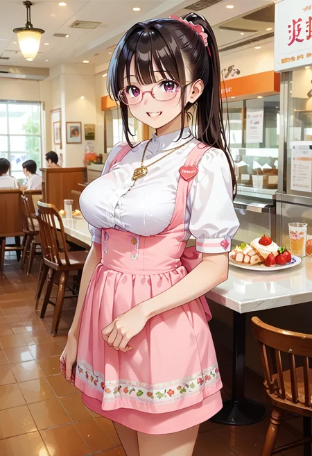 score_9, score_8_up, score_7_up, rating_safe, masterpiece, best quality, absurdres, unity 8k wallpaper, official art, official style, source_anime, uncensored, game cg, megami magazine,
AMSC, 1girl, glasses, waitress, solo, jewelry, pink apron, ponytail, pink skirt, fruit, shirt, skirt, standing, short sleeves, necklace, large breasts, happy, smile, looking at viewer,
food, table, indoors, cafe, photo background, restaurant,
<lora:AMSC_PONY_V1:0.8>