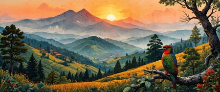 Beeswax encaustic painting capturing Guatemalan highlands at dawn, mist-shrouded volcanic peaks rising majestically against a rose-gold sky. Ancient pine forests cloak the lower slopes in emerald velvet, while terraced fields of corn and beans create geometric patterns in rich earth tones. Indigenous Maya women in traditional woven huipiles add vibrant splashes of color along winding footpaths. A quetzal bird with iridescent emerald plumage and crimson breast perches on a lichen-covered branch. Coffee plantations stretch across undulating hillsides, their dark green foliage contrasting with the morning light. Wisps of wood smoke curl from scattered adobe homes with terracotta roofs. Highly detailed textures show the layered, luminous quality of beeswax medium, 8K resolution, soft atmospheric perspective, dramatic interplay of light and shadow, hyper-realistic rendition of this breathtaking Central American landscape. <lora:It's a LoRA for portraits, BUT! actually specialized in backgrounds. v1.0:0.6> <lora:openart_Surreal_Anime_III_20250104_025344:0.3> <lora:Illustration_Style_IV:0.3> <lora:Organic Sauce - FLUX:0.7> <lora:flux_dev:1>