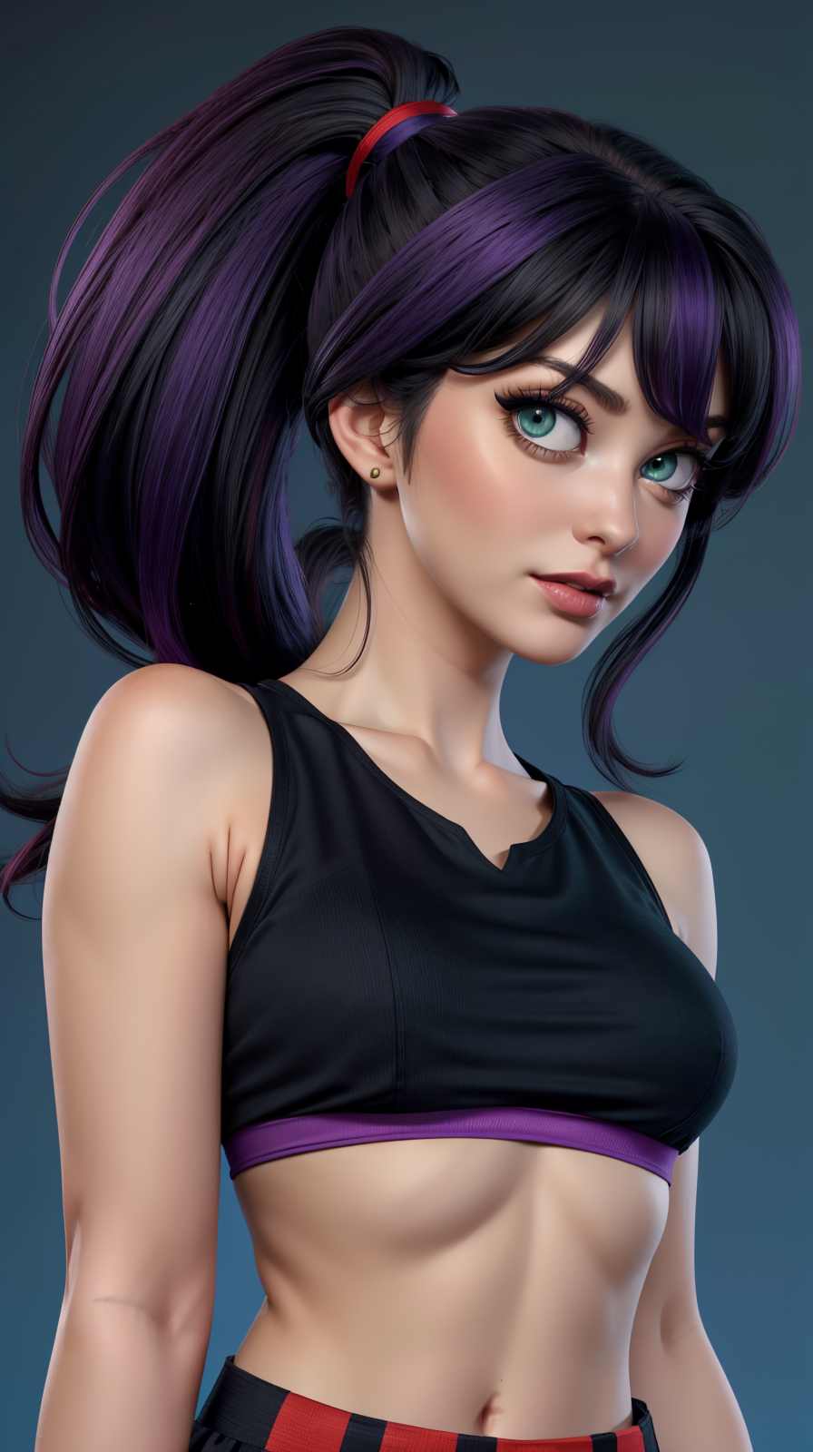 <lora:Jessica_Dupont:1>, solo, upper body, looking at viewer, high ponytail, black and violet harir, green eyes, black top, t-shirt, red squared skirt, blue background, simple background, <lora:LORA-XenoDetailer-v2:1> <lora:Sexy School Uniform By Stable Yogi:0.6>