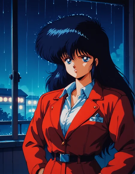 score_9, score_8_up, score_7_up,score_6_up,high resolution,mdk,1girl,solo,black hair,long hair,night,raining outside,in bedroom,looking outside window,red jacket,retro,curvy,looking sideways,volumetric lighting,depth of field,upper  body,front view,cozy room,hands on hip,detailed