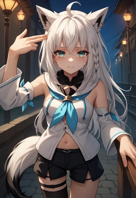 score_9, score_8_up, score_7_up, source_anime, 1girl, finger gun to head, <lora:FingergunToHead_XLPD:1>, night, dramatic, crying, crying with eyes open, blood, looking at viewer, pov, <lora:shirakami_fubuki_sdxl_pony-4:0.8>, fubuki_base, white blouse, detached sleeves, black shorts, blue neckerchief, thigh strap, single thighhigh, white hair, single side braid, ahoge, piercing, fox tail, bridge,
