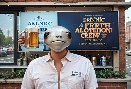 score_9, score_8_up, score_7_up, text title "Drink Barf" 1boy, large head, afternoon, beer mug,, white button shirt, upper body, albinauric_mask, <lora:ryth-albinauric-mask:1>, wide billboard, advertisement,