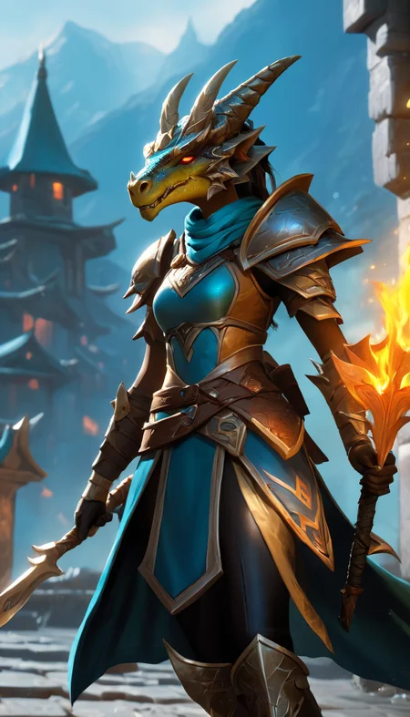 Female dragonborn, extremely detailed piercing eyes, hero view, action pose, cinematic scene, scenery, detailed background, masterpiece, best quality, high quality, highres, absurdres, very detailed, high resolution, sharp, sharp image, 8k, vivid, colorful, League of Legends <lora:league_of_legends_xl_v1:1>