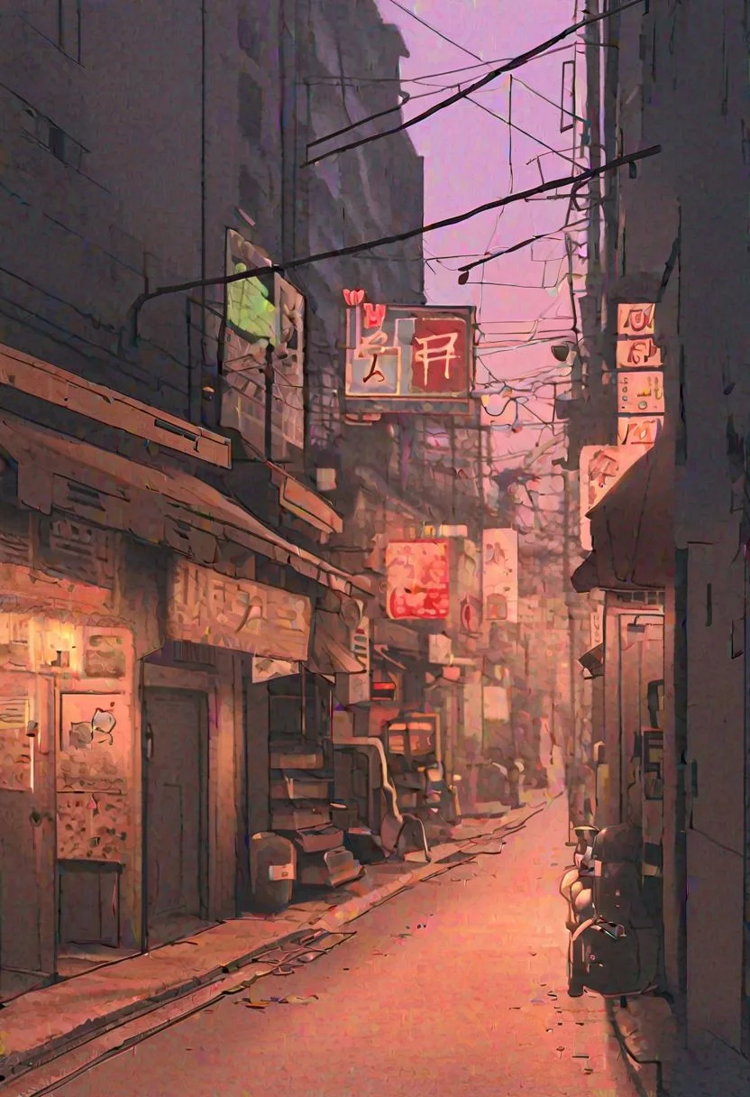 Lo-Fi background
Sketchy Lines
Limited Palette
Imperfections
Expressive Shapes
Muted Tones
Analogous Harmony
Textured Application
Distressed Textures
Low-Tech Materials
Digital Lo-Fi
Empty Street, convenience store ,dim light street light, black anime kitten cat crossing