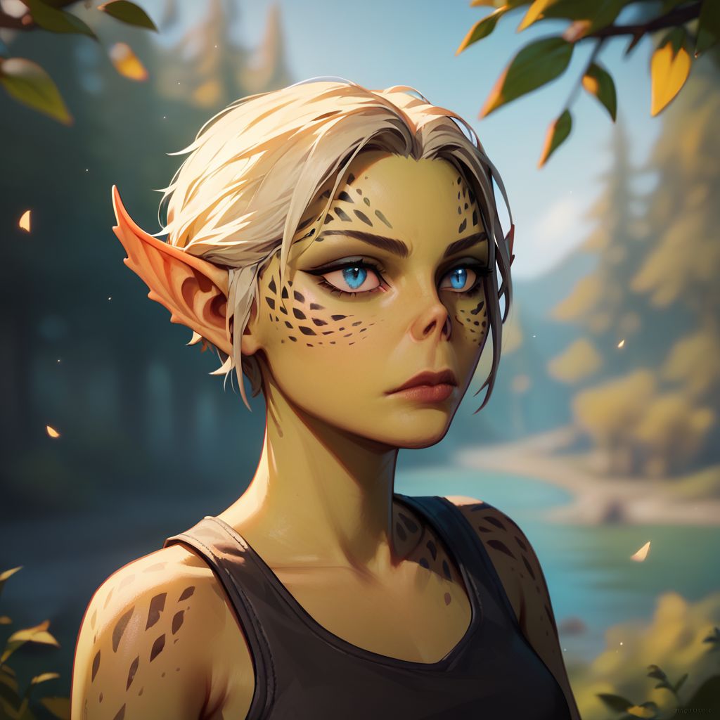 (((beautiful, high quality))), upper body, score_9, score_8_up, score_7_up, solo,
Gith, pointed ears, spots on skin, flat nose, 1girl, blue eyes, short blonde hair, black tank top,
Outdoor, fantasy background, nature, blurred background,