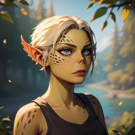 (((beautiful, high quality))), upper body, score_9, score_8_up, score_7_up, solo,
Gith, pointed ears, spots on skin, flat nose, 1girl, blue eyes, short blonde hair, black tank top,
Outdoor, fantasy background, nature, blurred background,