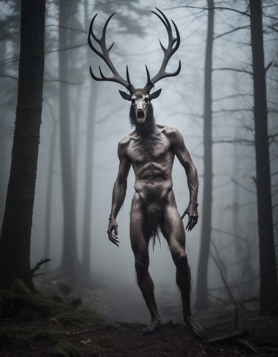 A photo of a (terrifying Wendigo:1.3), pale-skinned, with (elongated head and antlers:1.2), (long, sharp claws:1.1), (fearsome sharp teeth:1.1), emerging from (dense night mists:1.2), ominous ambiance, haunted woods backdrop, eerie moonlight casting shadows, high contrast, chilling presence, supernatural folklore, Nikon D850, 1/125s, f/2.8, ISO 1600, sinister color tones, RAW photography, professional grade,