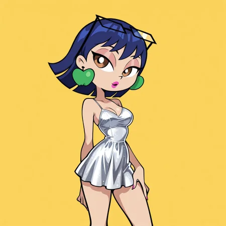 score_9, score_8_up, score_7_up, source_cartoon, lazypos, 1girl, beautiful, masterpiece, best quality, high resolution, great detail, crisp, clear, 8k, Cartoon illustration, cinematic, pretty face, medium breast, sexy, seductive, yellow background, masterpiece, best quality, amazing quality, very aesthetic, absurdres, newest,, upper
on model, accurate art style, cartoon screencap, show accurate,
uranusmwatgg, blue hair, brown eyes, pink lipstick, apple earrings, brown roller skates,
sexy pose, dssequin, silver dress, curvy hips, glasses on head