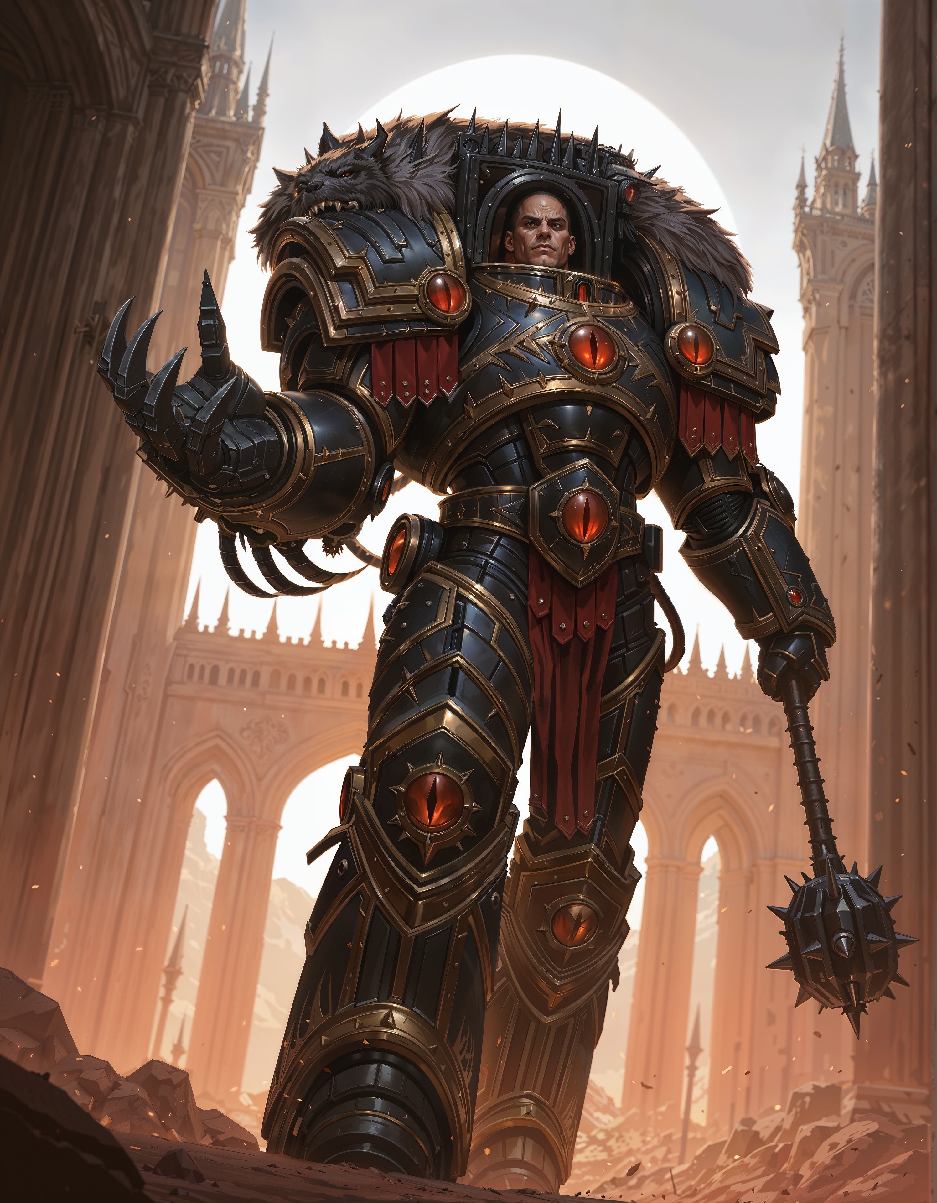 masterpiece, best quality,high quality, newest, highres,8K,HDR,absurdres, dynamic angle, realistic, 1boy, iLLHorusL40K, solo, power armor, determined eyes, holding a mace, power claw, in a palace  <lora:iLLHorusL40K:1>