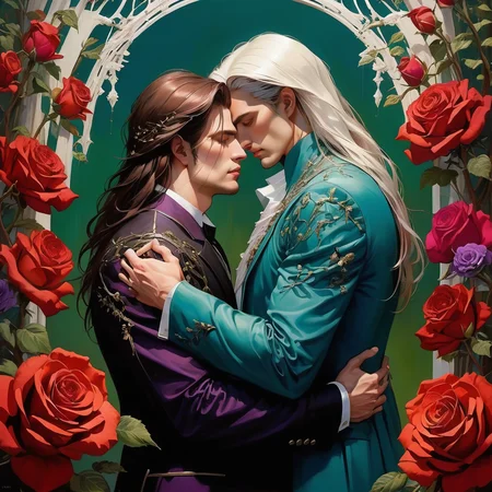 two men embrace, one with long hair, one with short hair, tragic romance, front to back, looking away from each other, sad, downturned faces, tears, gothic, tragic romance, gay, gorgeous, cinematic, intricate, Art Nouveau roses and vines border, broken hearts, sorrow, tears, broken, concept art, oil painting, vivid colors, red, black, green, brown, white, yellow, purple, teal,  <lora:add-detail-xl:1> intricate,