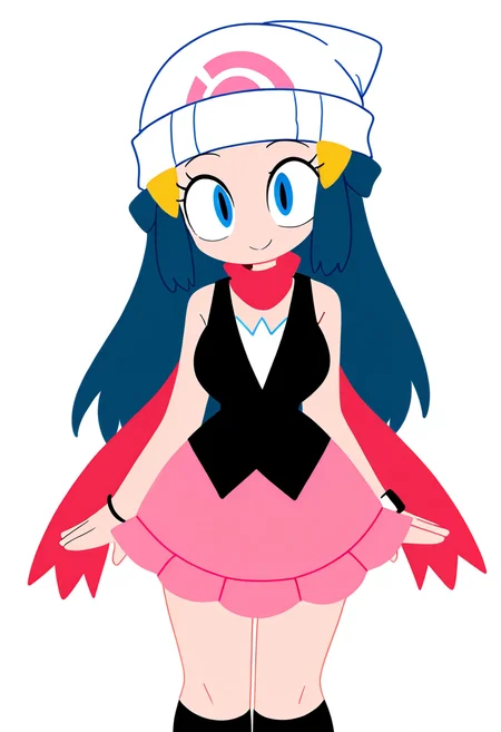 masterpiece, best quality, medium breasts, (curvy), BREAK, zzDawn, blue hair, blue eyes, sidelocks, long hair, bare shoulders, beanie, black shirt, black socks, bracelet, hat, jewelry, kneehighs, miniskirt, pink skirt, red scarf, scarf, shirt, skirt, sleeveless, sleeveless shirt, white headwear, <lora:DawnPokemone_NAI:1.0>smile, looking at viewer, cowboy shot, leaning forward, head tilt, <lora:ToonCAT_NAI:0.8>,