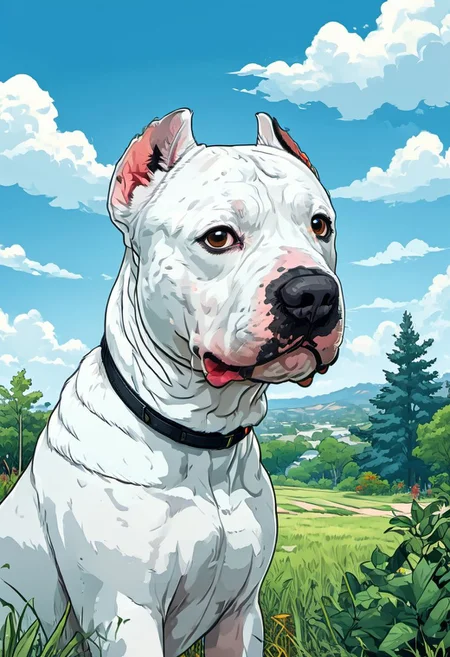 cartoon comic {A White Pitbull Dog portrait, suburban background, trees, grass, dirt, blue sky with fluffy white clouds} . graphic illustration, comic art, graphic novel art, highly detailed, vibrant colors, 8k, sharp, professional, clear, high contrast, high saturated, vivid deep blacks, crystal clear,