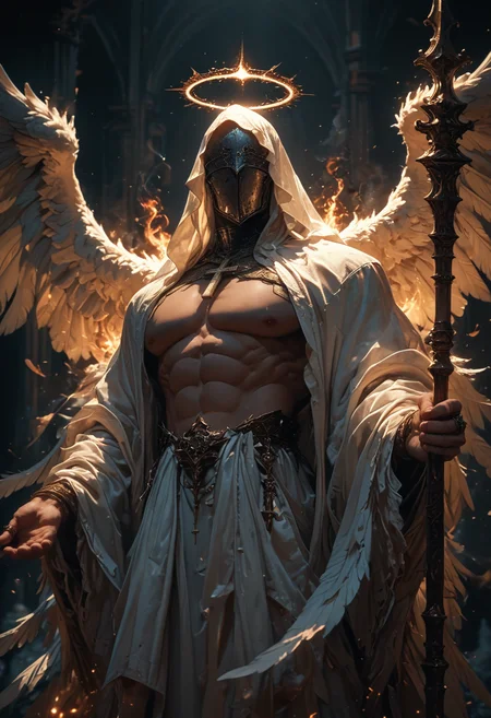 (score_9, score_8_up), score_7_up, score_6_up, 1boy, blindfold, covered eyes, white skin, no face, hood, long sleeves, holding staff, wings, armor, mask, muscular, glowing, halo, abs, cross, fire, pectorals, muscular male, polearm, feathered wings, floating, angel wings, angel, bare pectorals, many eyes, rings, multiple wings, spread wings, large wings, dark, blurry background, dark lighting, dark background, dof, depth of field, detailed line work, low key, dramatic lighting,
<lora:sdxl_lightning_8step_lora:0.9> <lora:Dark_Anime:0.2> <lora:glowneon_xl_v1:0.4> <lora:- SDXL - vntblk_vanta_shapes_V1.0:0.4> <lora:CINE-000008:0.2> <lora:unholy-000009:0.3> <lora:Angelarium v1.1 SDXL:0.6>