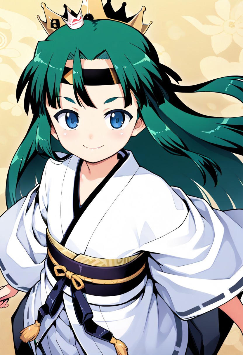 <lora:Tsugumomo-PonyXL-1024px-v1.0:0.8>
1girl, solo, flat chest, short petite, small body, blue eyes, crown, green hair, headband, japanese clothes, kimono, long hair, looking at viewer, sash, skirt, smile, standing, tabi, transparent background, (upper body).