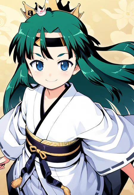 <lora:Tsugumomo-PonyXL-1024px-v1.0:0.8>
1girl, solo, flat chest, short petite, small body, blue eyes, crown, green hair, headband, japanese clothes, kimono, long hair, looking at viewer, sash, skirt, smile, standing, tabi, transparent background, (upper body).