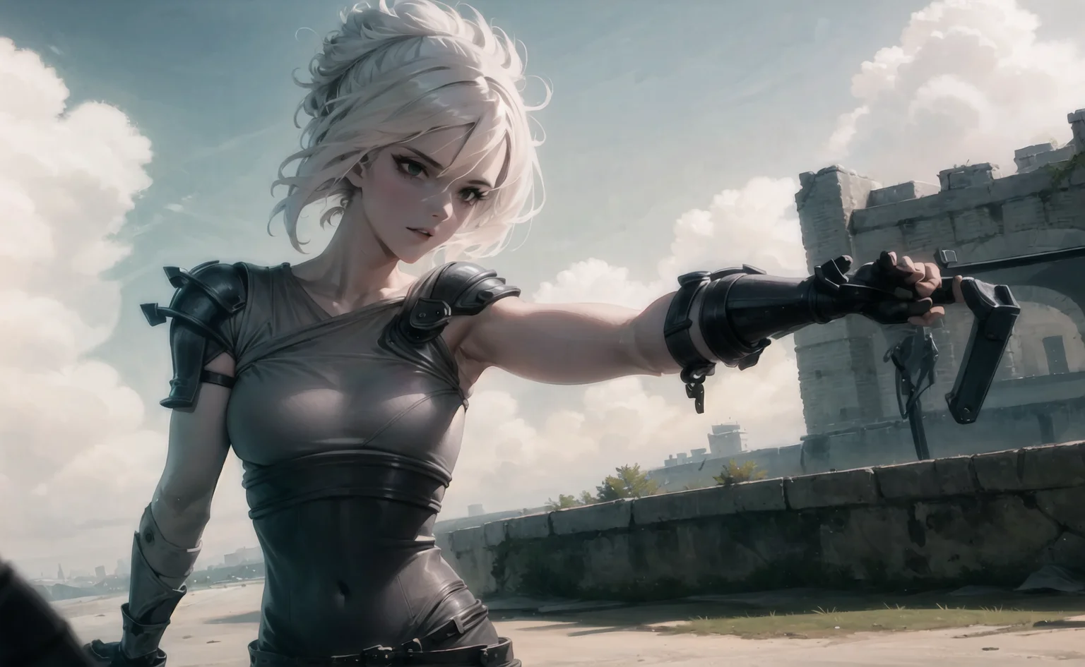 1girl, day, solo, cloud, horizon, long_hair, outdoors, looking_at_viewer, the best quality, masterpiece, castle wall, armored, white hair,shoulder armor, serious, ponytail,
<lora:riven_v10:1>