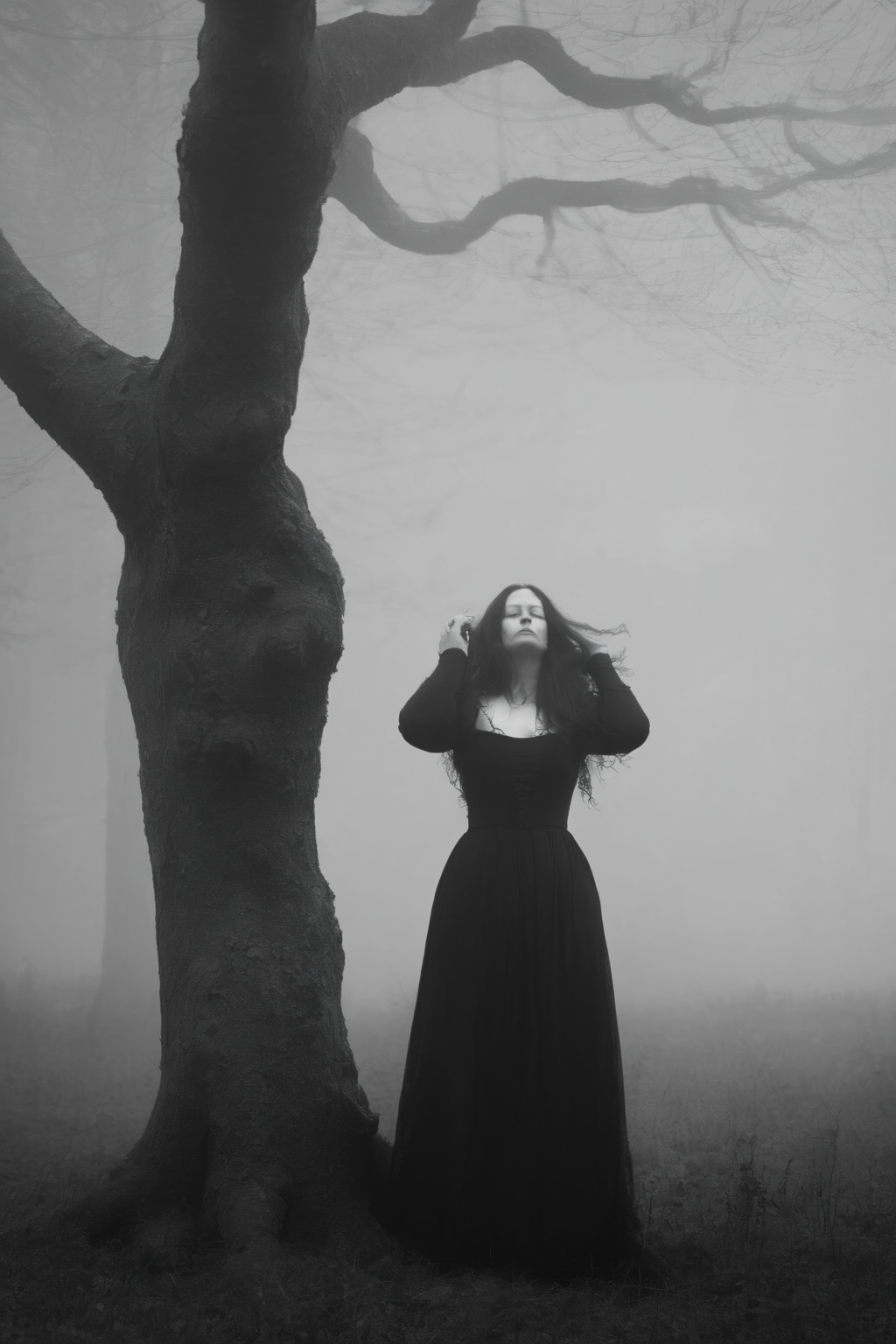 <lora:Photographer Maren Klemp Style:1>Photographer Maren Klemp Style - a woman in a long black dress standing under a tree on a foggy day