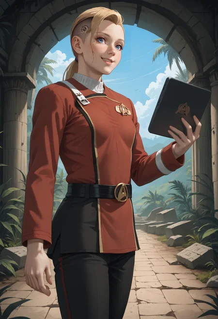 score_9, score_8_up, score_7_up, source_anime, head tilt, happy, smile, full body shot, (standing), looking down, holding tablet pc, (from side:1.1),
BREAK
<lora:KaraDBH:0.85> 1girl, long hair, blonde hair, (side shaved:1.6), (half shaved:1.5), blue eyes, lips, small breasts, (slim hips:1.1), (skinny:1.2), slender, athletic,
BREAK
<lora:TWOKpony:1> twokunf, star trek red uniform, long sleeves, black belt, black pants, boots,
BREAK
<lora:StS_PonyXL_Detail_Slider_v1.4_iteration_3 (1):3>, scenery, outdoors, ancient temple background, jungle, moss, ruins,
BREAK
volumetric lighting, depth of field, cinematic, vibrant, shadows, detailed, high contrast,âââ <lora:vivid_everclear:0.3>,âââ