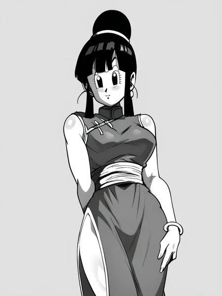 score_9, score_8_up, score_7_up, score_6_up, perfect hands, source_cartoon, (1girl, solo,)<lora:FunSexyDB_Style:1> monochrome, <lora:chichi_pony_v2:1> chi-chi, bangs, black hair, sidelocks, hair bun, black eyes, single hair bun, super outfit, bare arms, (bare legs), china dress, sleeveless, trim, cleavage, sash, chinese clothes, bracelet, side slit, naughty face,
