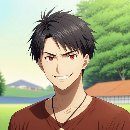 high resolution, solo, best quality, 1Boy, Yamato Ishida, Black Hair, Red Eyes, portraits, looking at viewr, necklace, arrogant face, gentle smile, outdoor, facing straight forward, Half Body, Depth Of Field, OverallDetail