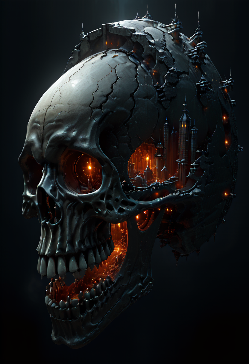 masterpiece, best quality, no humans,   ,<lora:SkullWorld_IXL:1.0>,  zzSkullWorld, a gargantuan fusion of a skull and a medieval castle, floating in the boundless void of space. The skull's hollow eye sockets are now intricately designed towers, with darkened windows and flickering torches lighting up the eerie blackness. Atop the skull's crown, turrets rise like jagged spires, adorned with banners that flutter in the vacuum of space. Massive battlements wrap around the skullâs massive jaw, where cannons and docking bays are embedded into its teeth. The castle's stone walls seem to grow from the very bone of the skull, with spiraling staircases carved into its eye sockets, leading to domed observatories and turrets that offer sweeping views of the surrounding nebulae. A faint purple glow emanates from the castle's interior, casting long shadows across the skull's skull-shaped silhouette against the backdrop of distant stars.