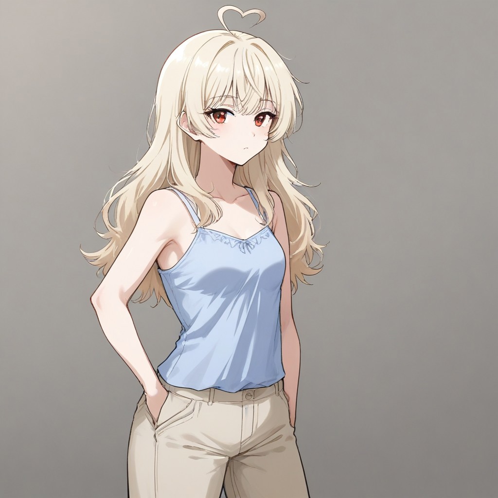 1girl, 3v4ngl13, pale blonde hair, red eyes, camisole, trousers,