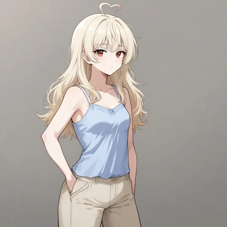 1girl, 3v4ngl13, pale blonde hair, red eyes, camisole, trousers,