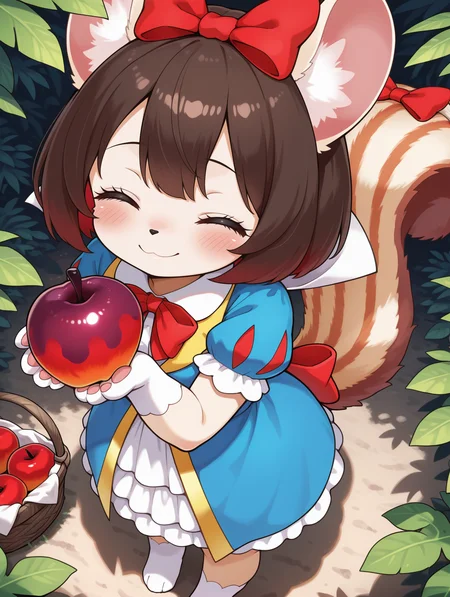 fairy tail - snow,1girl,apple,solo,smile,white paw gloves,holding backet,looking at viewer,red bow,blush,simple background,tail ornament,blue frilled dress,closed mouth,standing,squirrel girl,white paw socks,from above,animal nose,body fur,jungle,closed eyes, blush,
masterpiece,best quality,amazing quality,very aesthetic,absurdres,newest,<lora:Fairy Tail snow illuXL v1.1:0.77>,