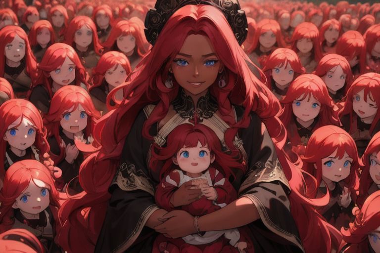 (masterpiece, best quality:1.5), (ultra realistic:1.5), (8k uhd, very high quality:1.5), (extremely detailed face:1.5), (dark skin mother holding her infant girl and surrounded by an endless number of her young children:1.5), (everyone has ruby red hair:1.5), (everyone smiling and happy:1.5), (everyone has bright blue eyes:1.5), (everyone has long ruby red hair:1.5), (the woman is surrounded by endless numbers of her young children that fill the entire background:1.5), (the woman is surrounded by an endless number of her young children that fill the entire background:1.5), (everyone has long ruby red hair:1.5) (city background:1.5)