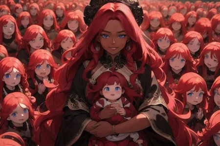 (masterpiece, best quality:1.5), (ultra realistic:1.5), (8k uhd, very high quality:1.5), (extremely detailed face:1.5), (dark skin mother holding her infant girl and surrounded by an endless number of her young children:1.5), (everyone has ruby red hair:1.5), (everyone smiling and happy:1.5), (everyone has bright blue eyes:1.5), (everyone has long ruby red hair:1.5), (the woman is surrounded by endless numbers of her young children that fill the entire background:1.5), (the woman is surrounded by an endless number of her young children that fill the entire background:1.5), (everyone has long ruby red hair:1.5) (city background:1.5)