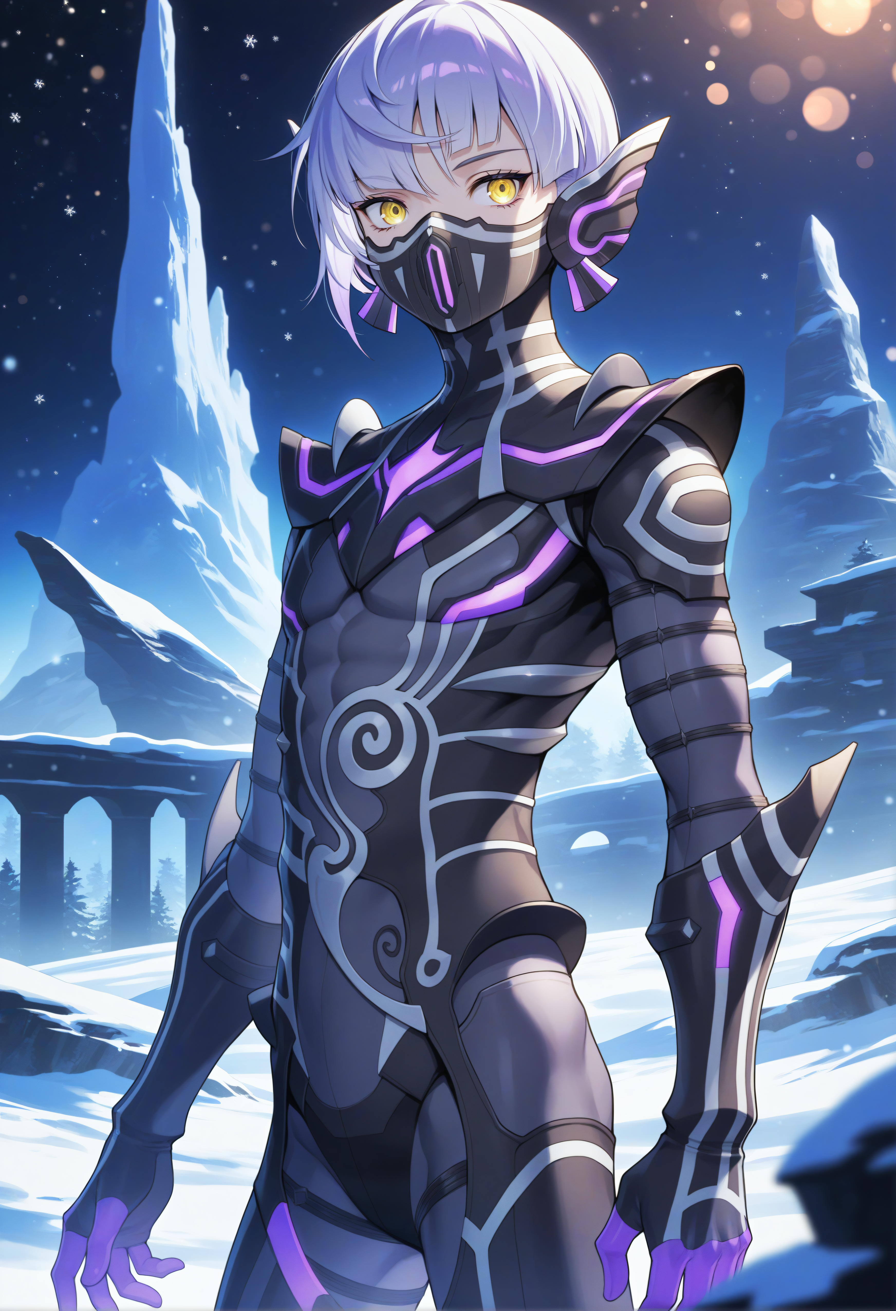 masterpiece, best quality, amazing quality, very aesthetic, <lora:noobai_vpred_1_aqm_complete_v3:1>, high resolution, 1boy, androgynous, solo, <lora:NahobinoSMTV_NoobVpred10_v1:0.9>, tsukubiNoob, yellow eyes, armor, bodysuit, white hair, short hair, mask, purple hair BREAK bokeh, volumetric lighting, snowy, snowy structure