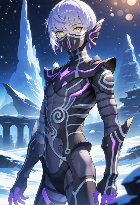 masterpiece, best quality, amazing quality, very aesthetic, <lora:noobai_vpred_1_aqm_complete_v3:1>, high resolution, 1boy, androgynous, solo, <lora:NahobinoSMTV_NoobVpred10_v1:0.9>, tsukubiNoob, yellow eyes, armor, bodysuit, white hair, short hair, mask, purple hair BREAK bokeh, volumetric lighting, snowy, snowy structure