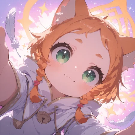 CuteToon_ST, toon \(style\), Cunnystyle, dark_eye_focus, dynamic, dutch angle, brushstrokes, 1girl, long hair, animal ears, green eyes, braid, cat ears, orange hair, twin braids, halo, (looking at viewer, happy, reaching towards viewer, closed mouth), very highly detailed, colorful, purple theme, bright background, feathers, glitters, sparkles, cute, fluffy, high contrast, masterpiece, intricate, detailed background, best quality, amazing quality, absurdres, very aesthetic, 8k <lora:Mimi_Pearlbaton:0.85> <lora:erase_human_ear_v10_ill:0.7> <lora:dark_eye_detail:0.8> <lora:CunnyfunkyV4.0:0.8> <lora:HerrscherAGGA2025_CuteToon-IL_V15:0.7> <lora:StS-Illustrious-Detail-Slider-v1.0:2>