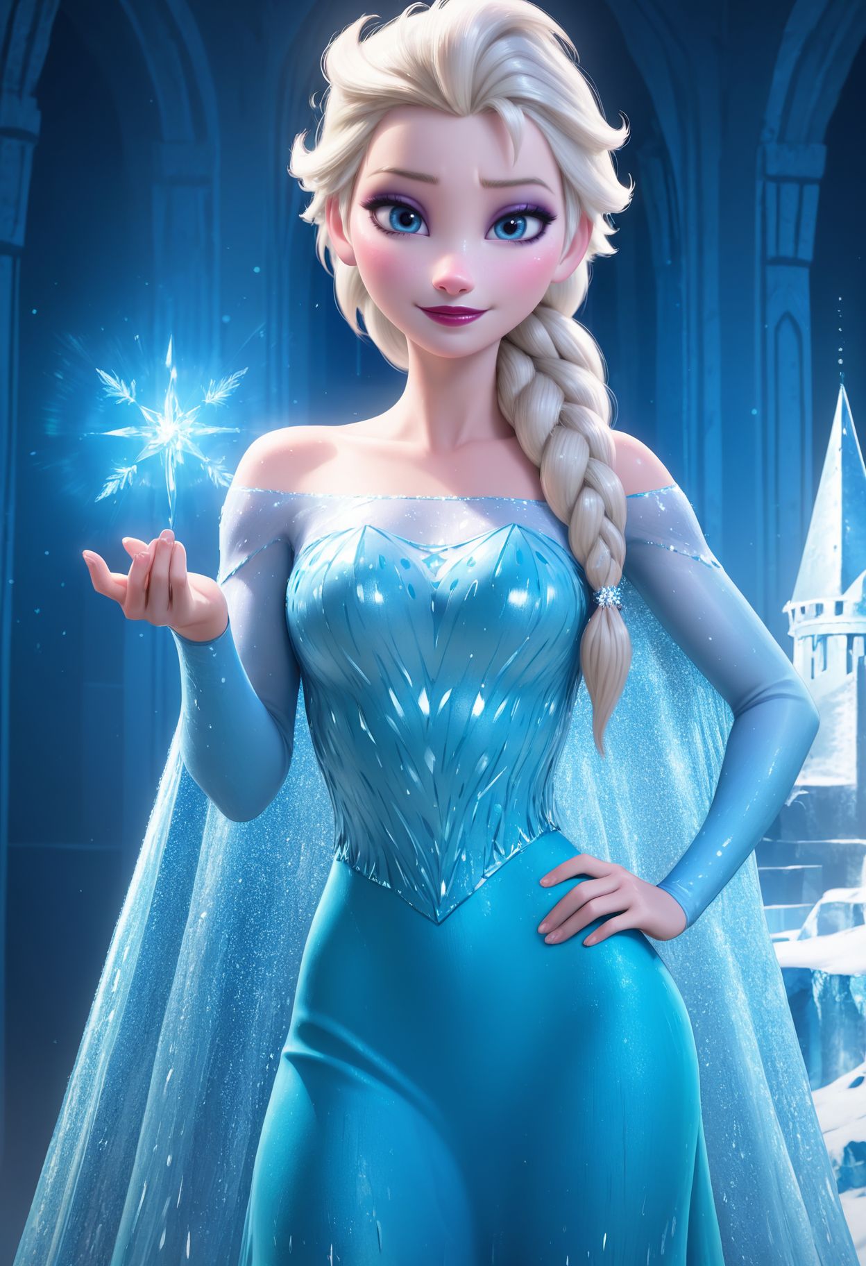 Smooth Quality, HDR, beautiful and intricate hair, protruding lips, lipstick, eyeliner, 1girl, elsa, dress, sparkling, pose, happy, light smile, ice magic, hand on own hip,  indoors, ice castle, ice throne, looking at viewer, cowboy shot, 