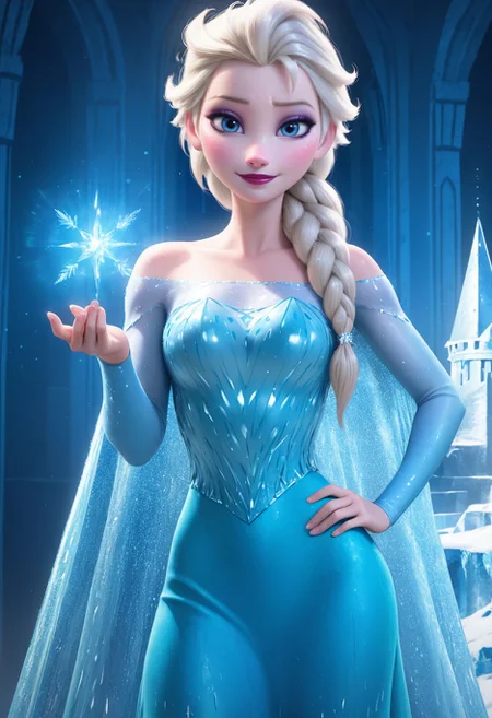 Smooth Quality, HDR, beautiful and intricate hair, protruding lips, lipstick, eyeliner, 1girl, elsa, dress, sparkling, pose, happy, light smile, ice magic, hand on own hip, indoors, ice castle, ice throne, looking at viewer, cowboy shot,