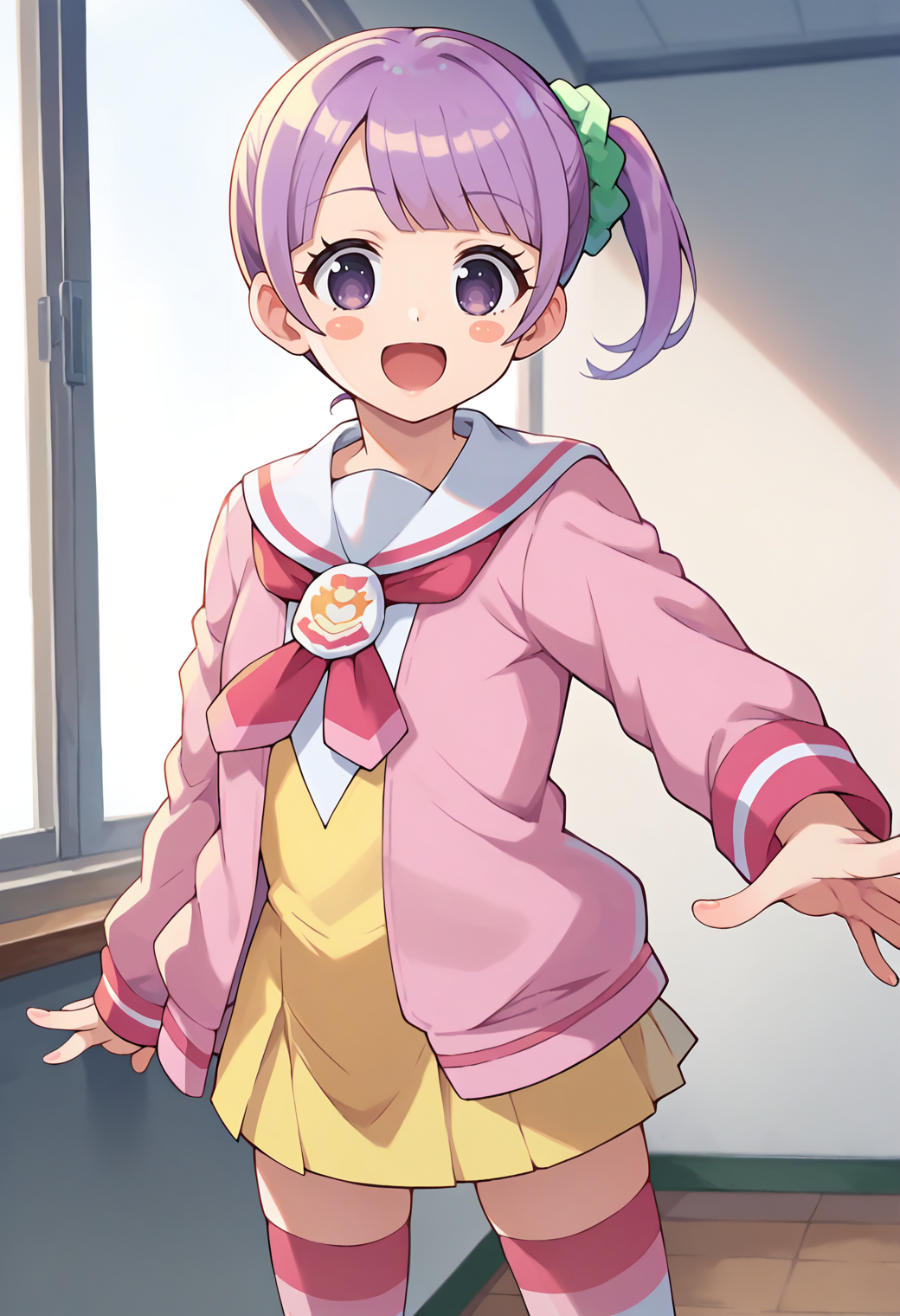score_9, score_8_up, score_7_up, score_6_up, score_5_up, score_4_up, source_anime,
defnonb, side ponytail, hair scrunchie, blush stickers, 
school uniform, white sailor collar, yellow dress, pink jacket, thighhighs, striped, shoes,
looking at viewer, smile, open mouth, 
<lora:_manaka_non-elesico-pony-e12:0.9>