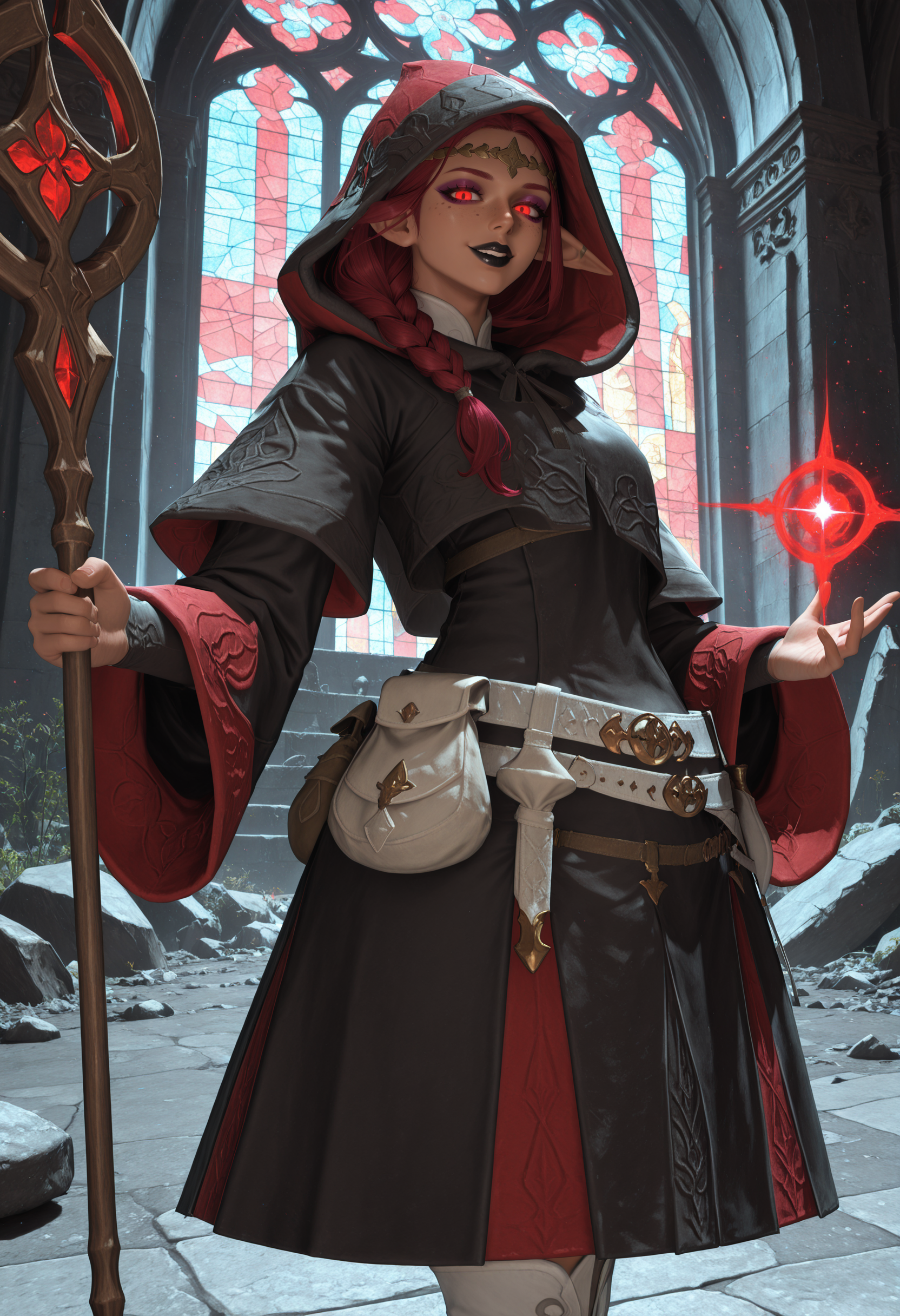 , best quality, absurdres, highres, newest, <lora:cfg_scale_boost:.7>, 1girl, solo , church, stained glass,  <lora:WhiteMage_IL:1> whmaf, black robe, white belt, belt pouch, white boots, gold circlet, hood, hood up, holding staff, dynamic pose, casting spell, looking at viewer, dark-skinned female, night, ruins, freckles, red hair, red eyes, single braid, hair over shoulder, cowboy shot, elf,
 naughty face, black lips, eyeshadow, glowing eyes,