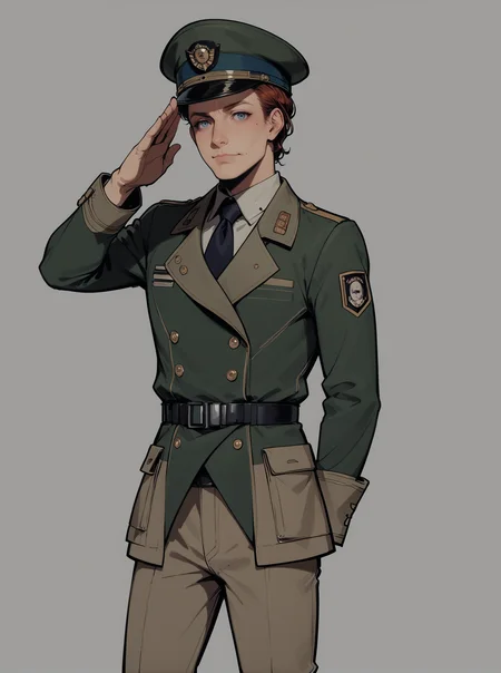 score_9, score_8_up, score_7_up, source_anime BREAK (1boy),red medium hair,wavy hair, mole on face, young, male, male focus,mature, cowboy shot, (salute:1.2), arm behind back, upper body, detailed eyes,angular and chiseled, enclaveuni,wearing uniform, pants, <lora:Fallout_-_Enclave_Officer_Uniform:0.7> , <lora:LineArt Mono Style LoRA_Pony XL v6:1>