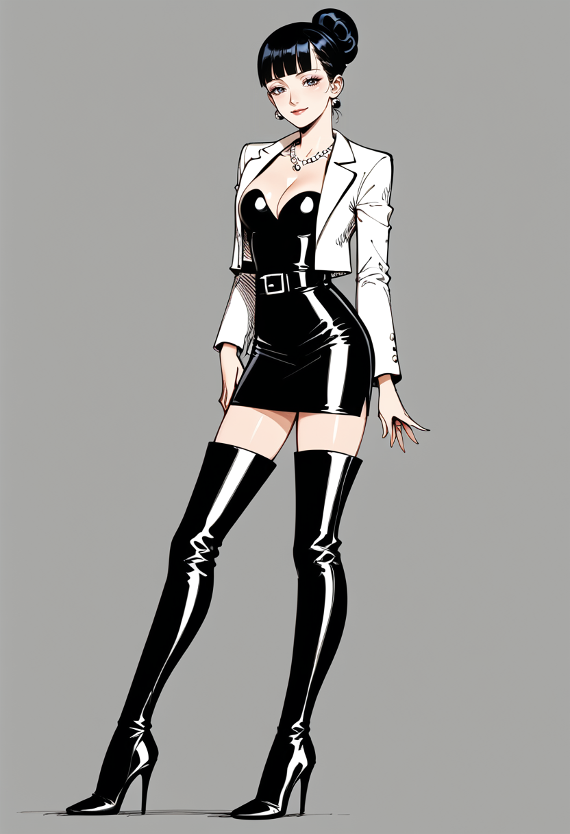 score_9,score_8_up,score_7_up,full body shot,elegant,sexy,beautiful girl,k0tt3r1,1girl,solo,seductive pose,head tilt,slight smile,black hair,long straight hair,hime cut,side blunt bangs,<lora:k0tt3r1XLP:1> BREAK white blazer,open jacket,black camisole,white high-waist skirt,belt,buckle,jewelry,ear piercing,necklace,cleavage,pantyhose,pantyhose under boots BREAK <lora:OBLK-000001:1>,(oblk,thigh boots,high heel boots,narrow stiletto heels,black footwear,shiny footwear,pointy footwear),