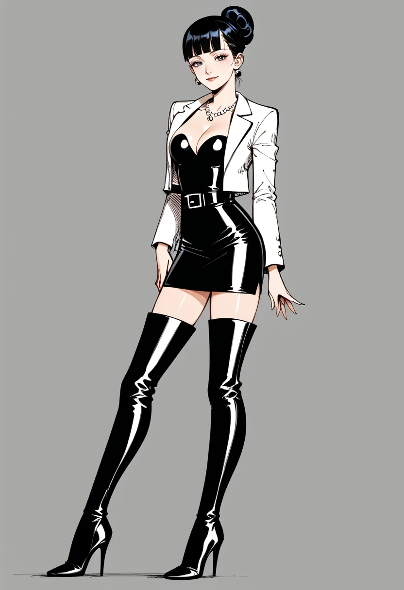 score_9,score_8_up,score_7_up,full body shot,elegant,sexy,beautiful girl,k0tt3r1,1girl,solo,seductive pose,head tilt,slight smile,black hair,long straight hair,hime cut,side blunt bangs,<lora:k0tt3r1XLP:1> BREAK white blazer,open jacket,black camisole,white high-waist skirt,belt,buckle,jewelry,ear piercing,necklace,cleavage,pantyhose,pantyhose under boots BREAK <lora:OBLK-000001:1>,(oblk,thigh boots,high heel boots,narrow stiletto heels,black footwear,shiny footwear,pointy footwear),