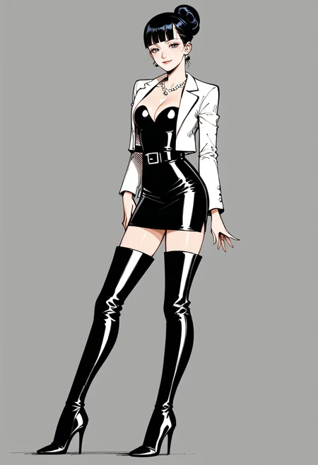 score_9,score_8_up,score_7_up,full body shot,elegant,sexy,beautiful girl,k0tt3r1,1girl,solo,seductive pose,head tilt,slight smile,black hair,long straight hair,hime cut,side blunt bangs,<lora:k0tt3r1XLP:1> BREAK white blazer,open jacket,black camisole,white high-waist skirt,belt,buckle,jewelry,ear piercing,necklace,cleavage,pantyhose,pantyhose under boots BREAK <lora:OBLK-000001:1>,(oblk,thigh boots,high heel boots,narrow stiletto heels,black footwear,shiny footwear,pointy footwear),