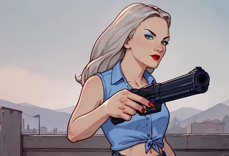 score_9, score_8_up, score_7_up BREAK DallasBB, 1girl, platinum blonde hair, green eyes, light blue eyeshadow, red lipstick, red nails, light blue sleeveless tied buttoned shirt, midriff, bellybutton, jeans, cowboy shot, holding handgun, shooting at viewer,