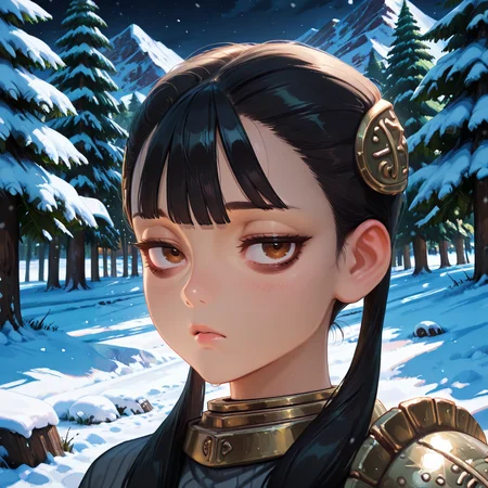 <lora:ChamIllustriousBackgroundEnhancer:0.5>, masterpiece, very aesthetic, absurdres, best quality, amazing quality, high resolution, newest, very awa, scenery, (looking at viewer), <lora:spo_sdxl_10ep_4k-data_lora_Illustrious:0.8> <lora:StabilizerIllustrious:0.8> , masterpiece, beautifully drawn, elegantly detailed, solo, <lora:AsheiIL:0.8> , AshDef, 1girl, black hair, twintails, hair over shoulder, brown eyes, bags under eyes, hair ornament, gorget, grey sweater, ribbed sweater, single pauldron, looking at viewer, tired, exterior, forest, snow, mountains, night, (close-up), portrait,